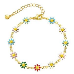 JDB2012635 - Bracelet en forme de marguerite pour fille - plaqué en laiton doux - or véritable 18K - émail coloré - fleurs - chaine