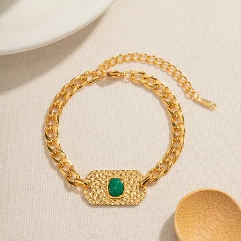 Bracelet JDWB2303001 - Avec pendentif carré en Jade doré 18k - Acier inoxydable - Chaîne cubaine - Bracelet pour femmes