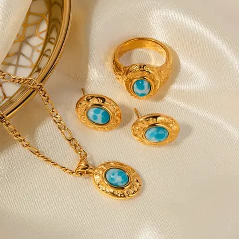 Ensemble de bijoux étanches texturés, acier inoxydable, visage martelé, motif de mer, boucles d'oreilles turquoise, boucles d'oreilles, collier, bague - JDN2307017 - JDE2307034 - JDR2307015