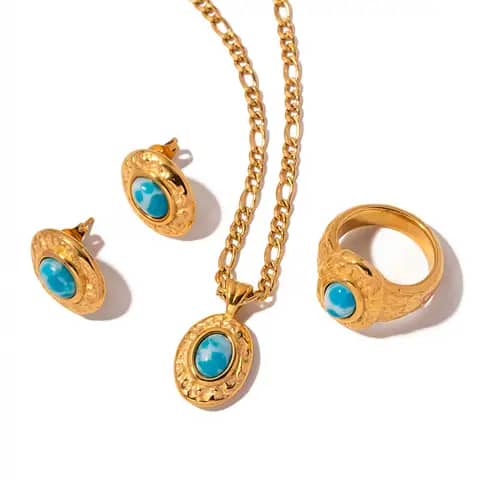 Ensemble de bijoux étanches texturés, acier inoxydable, visage martelé, motif de mer, boucles d'oreilles turquoise, boucles d'oreilles, collier, bague - JDN2307017 - JDE2307034 - JDR2307015