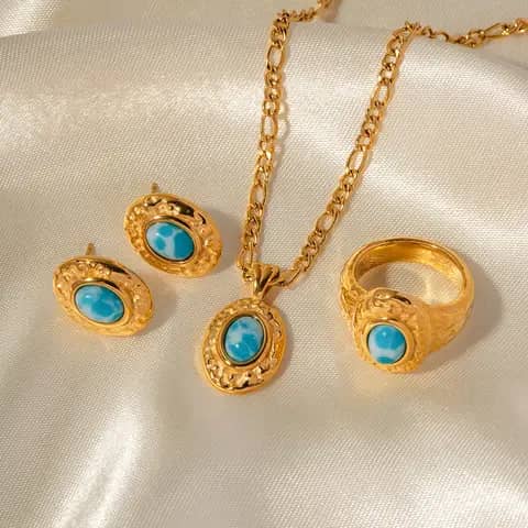 Ensemble de bijoux étanches texturés, acier inoxydable, visage martelé, motif de mer, boucles d'oreilles turquoise, boucles d'oreilles, collier, bague - JDN2307017 - JDE2307034 - JDR2307015