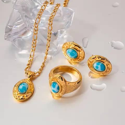 Ensemble de bijoux étanches texturés, acier inoxydable, visage martelé, motif de mer, boucles d'oreilles turquoise, boucles d'oreilles, collier, bague - JDN2307017 - JDE2307034 - JDR2307015