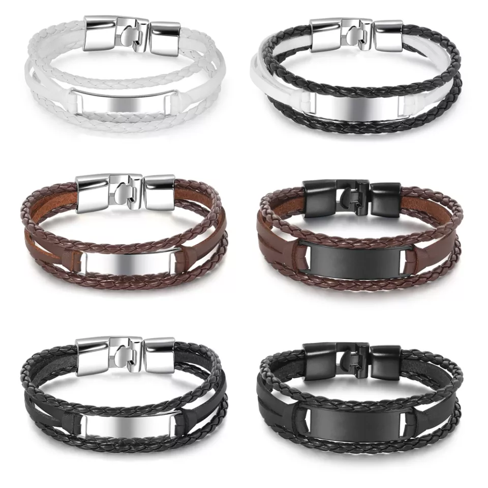 Bracelet tgb071 en cuir véritable pour homme avec Metal Stainless or