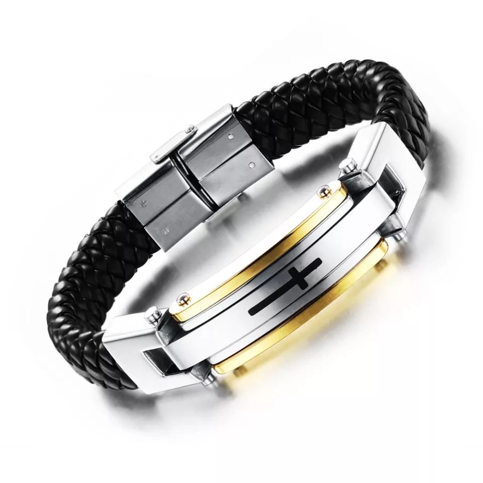 Bracelet tgb088 en cuir véritable pour homme avec Metal Stainless croix