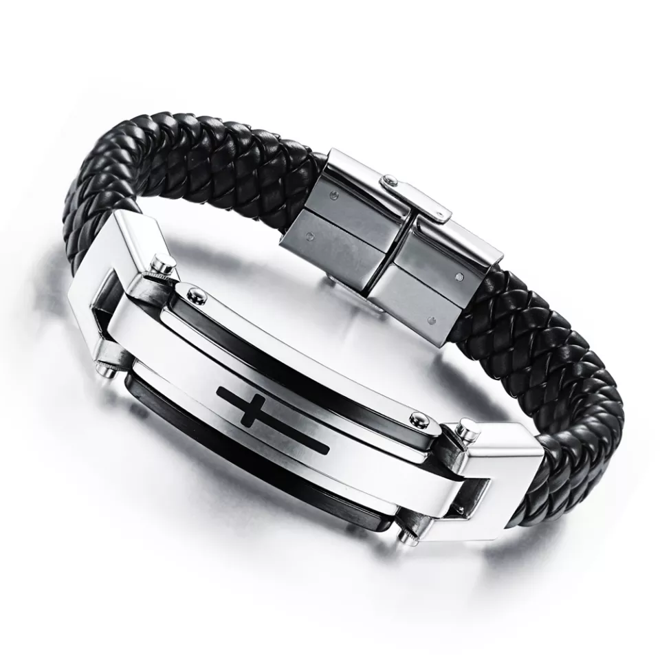 Bracelet tgb088 en cuir véritable pour homme avec Metal Stainless croix