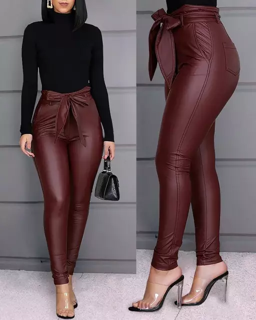 Pantalon en cuir synthétique pour femme, taille élastique, avec poches