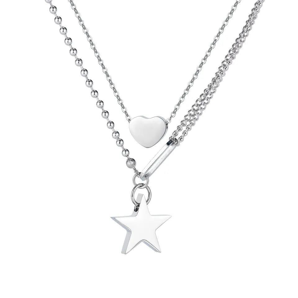 Collier TGN527, Réglable Multicouche Chaîne Coeur Étoile Collier en Stainless Steel