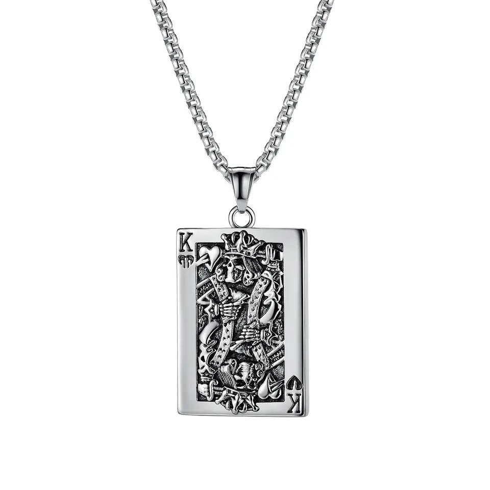 Chaine plaque TGN707, Pendantif carte roi (poker) - Stainless Steel pour homme - couleur argent