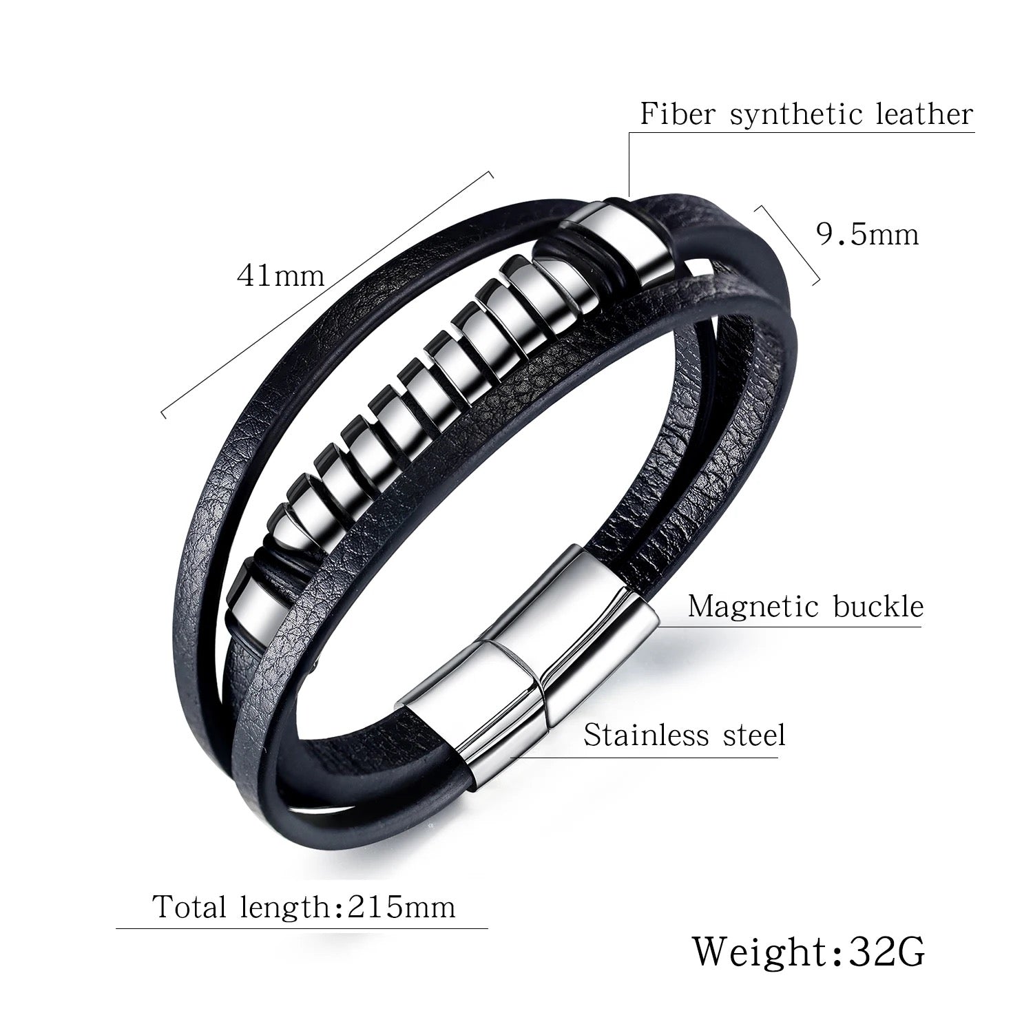 TGB356, Bracelet en cuir véritable pour homme avec Metal Stainless rouleau