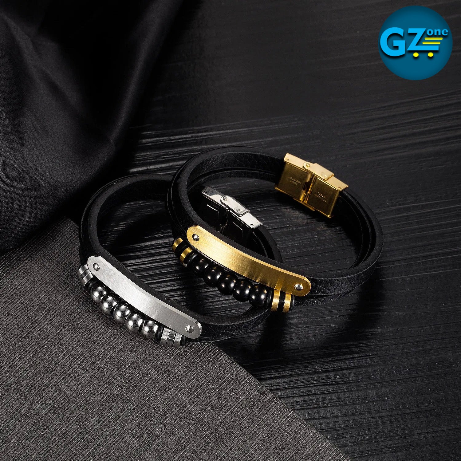 TGB650, Bracelet en cuir véritable pour homme avec Metal Stainless et petites boules