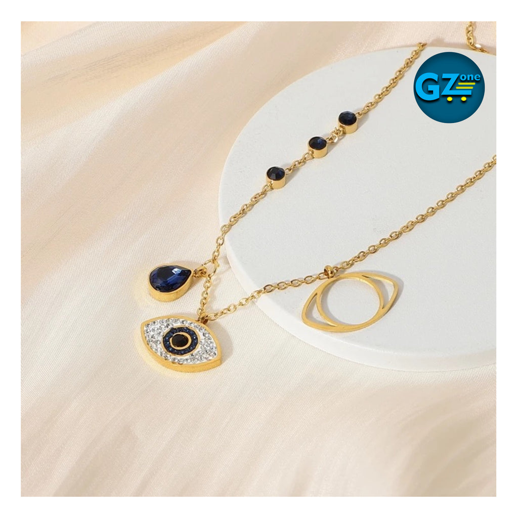 JDN531 Chaine 18K Gold plated avec pendentif oeil bleu brillant, stainless steel