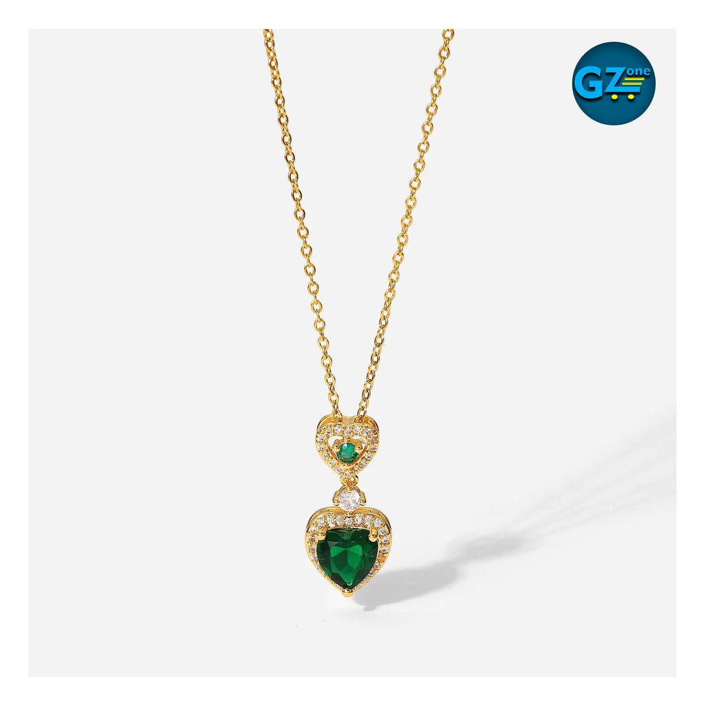 JDN20895 , Collier pendentif, 18K Gold plated double coeur avec zircone cubique verte pour femme