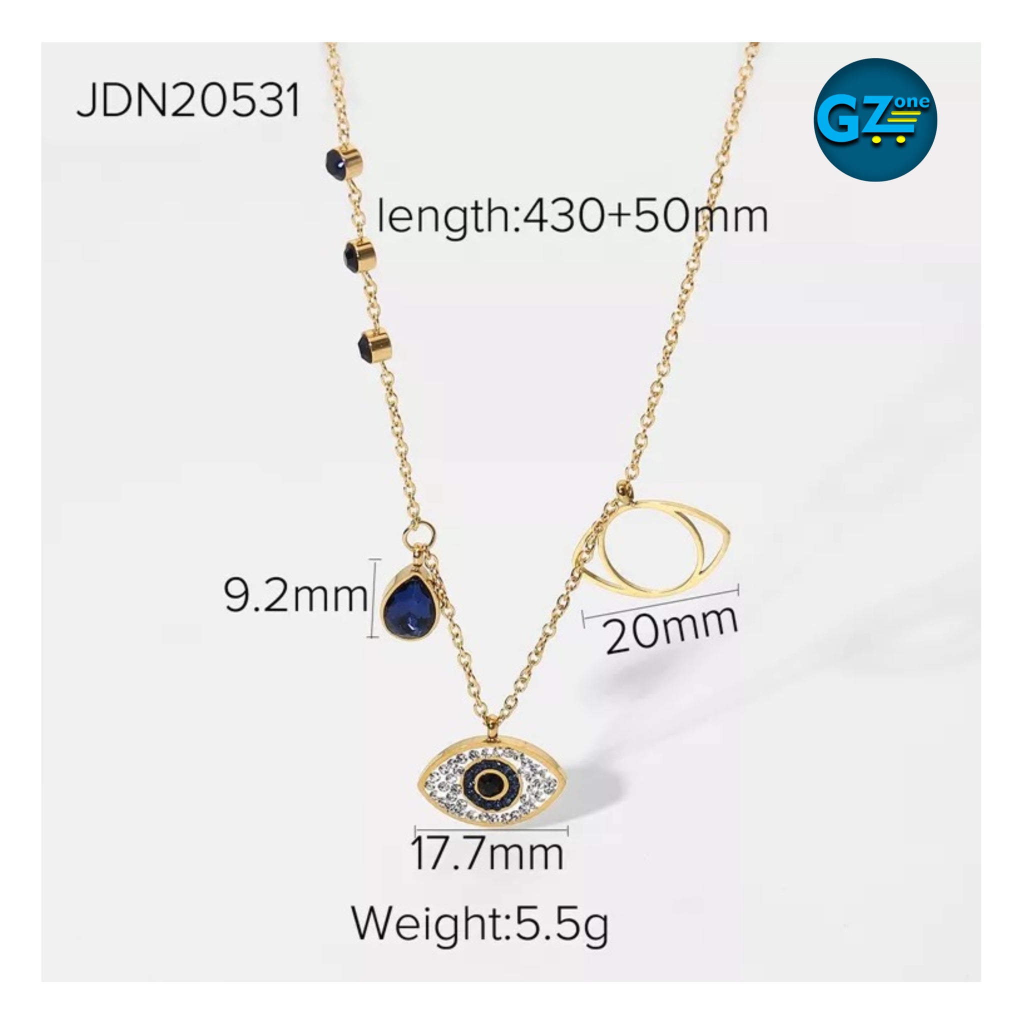 JDN531 Chaine 18K Gold plated avec pendentif oeil bleu brillant, stainless steel
